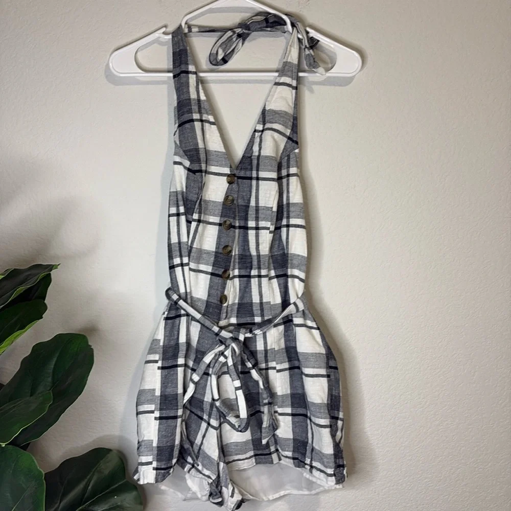 American Eagle size small blue and white plaid halter romper